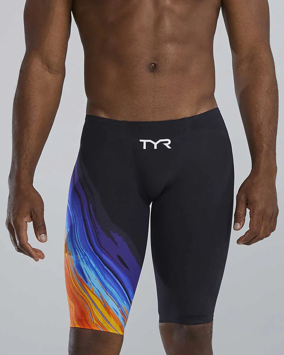 TYR men's Venzo Volconyx low-waisted jammer in orange and navy, designed for competitive swimming.