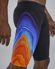 TYR men's Venzo Volconyx low-waisted jammers in orange and navy, designed for competitive swimming and active wear.