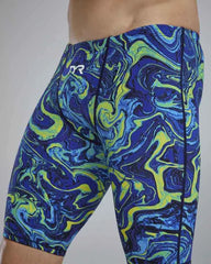 TYR men's Thresher Hyperblitz jammer swimwear in blue and green with sleek, form-fitting design for competitive swimming.