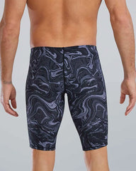 TYR men's Thresher Hyperblitz jammer in titanium, close-up view of the men's swim jammer with TYR branding and sleek design.