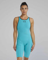 TYR Womens Venzo open-back kneeskin in aqua, close-up view showing sleek design and open back style for competitive swimming.