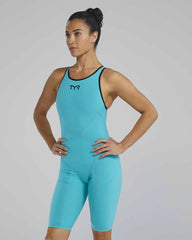 TYR Womens Venzo openback kneeskin in aqua, wetsuit-style kneesuit with open back for enhanced flexibility and swimming performance.