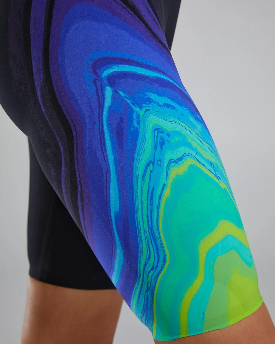 TYR women's Venzo Volconyx openback kneeskin swimsuit in lime and navy, featuring sleek design and comfortable fit for swimming.