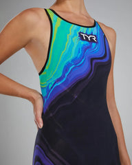 TYR Women's Venzo Volconyx open-back kneeskin swimsuit in lime and navy, showcasing sleek design and open back detail.