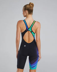 TYR Womens Venzo Volconyx open-back kneeskin swimsuit in lime and navy, designed for competitive swimming and training.