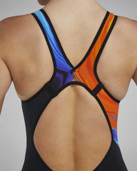 TYR Womens Venzo Volconyx open-back kneeskin swimsuit in orange and navy, designed for competitive swimming.