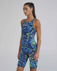 TYR Women's Thresher Hyperblitz openback kneeskin swimsuit in blue and green, featuring sleek design and open back for swimming.