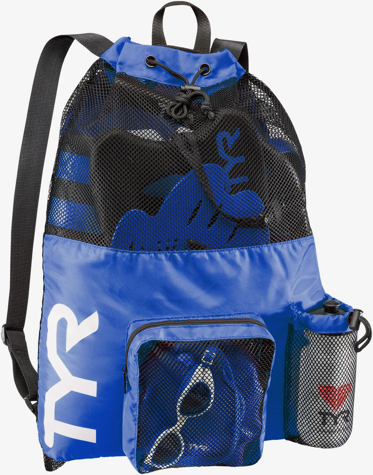 Blue TYR Big Mesh Mummy Backpack shown with adjustable shoulder straps and spacious mesh compartments.