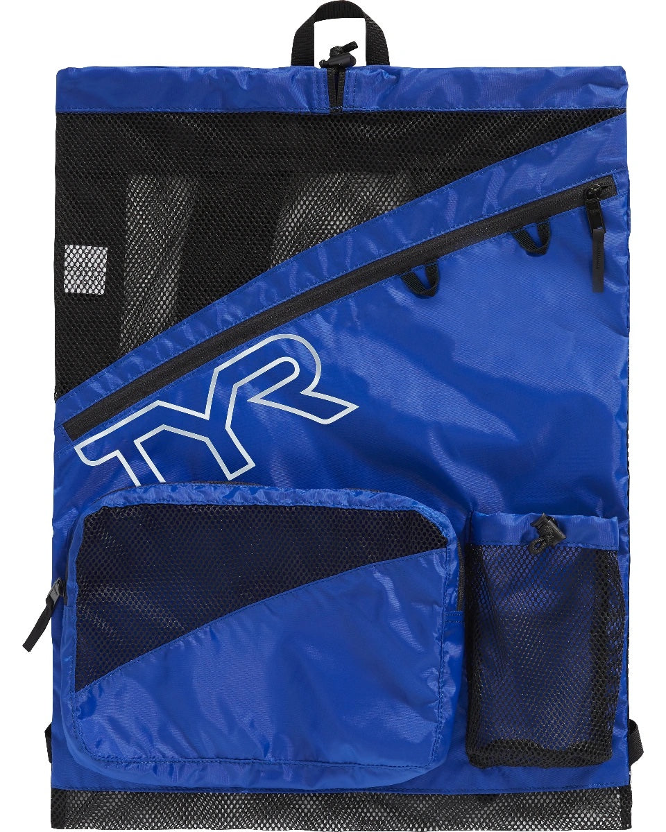 Royal blue TYR Elite Mesh Backpack, a durable mesh bag with adjustable straps and spacious interior for sports and gym use.