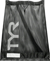 Black TYR Mesh Equipment Bag with multiple compartments for swim gear and accessories, lightweight and durable.