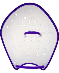 TYR Catalyst Stroke Training Paddle in clear plastic for swimming, with adjustable straps and ergonomic design for swim training.