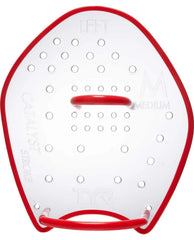 Clear TYR Catalyst Stroke Training Paddle for swimming, showing the lightweight, ergonomic design and adjustable strap system.