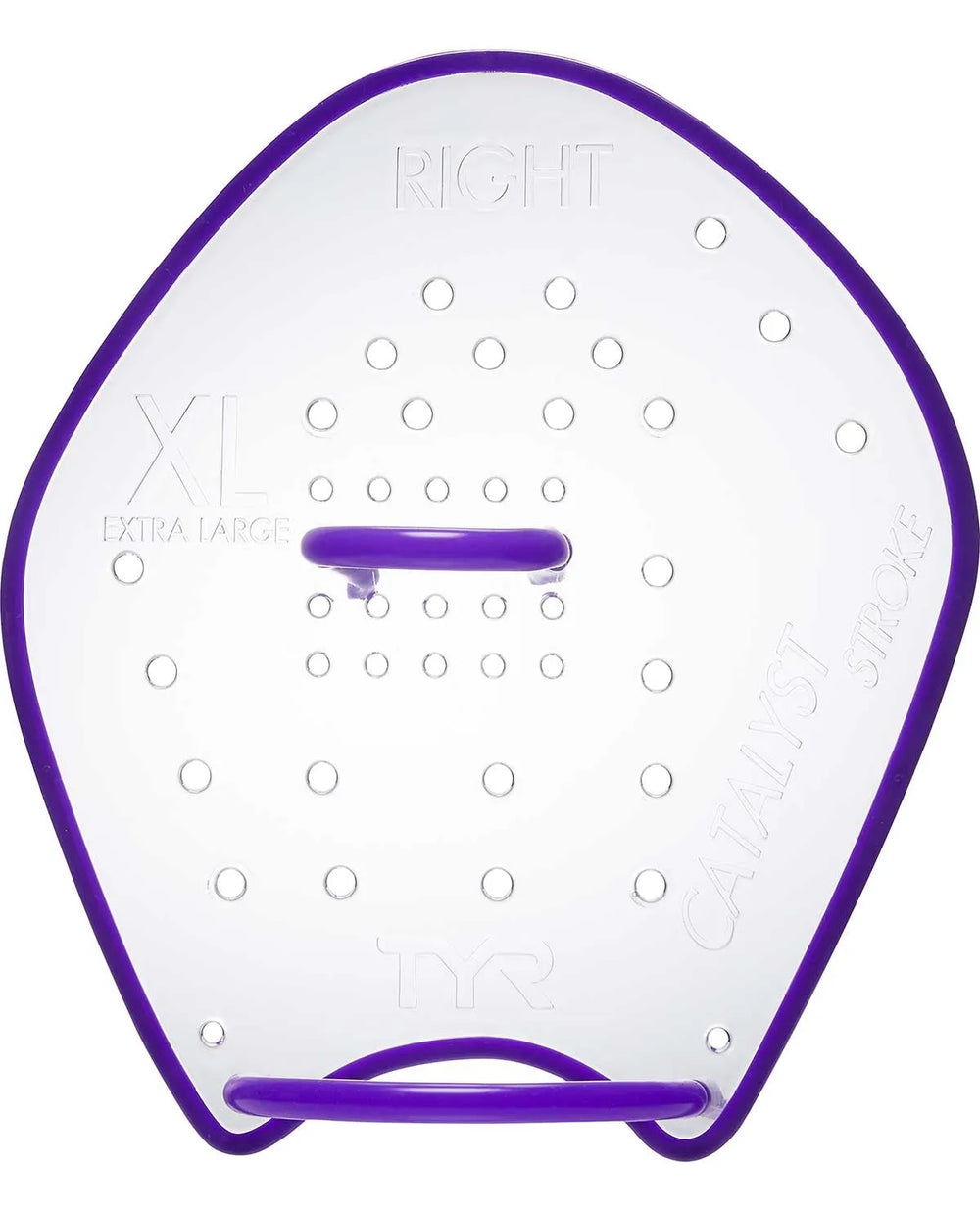 TYR Catalyst Stroke Training Paddle in clear, with ergonomic design and adjustable straps, used for swim training and improving stroke technique