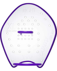TYR Catalyst Stroke Training Paddle in clear, with ergonomic design and adjustable straps, used for swim training and improving stroke technique