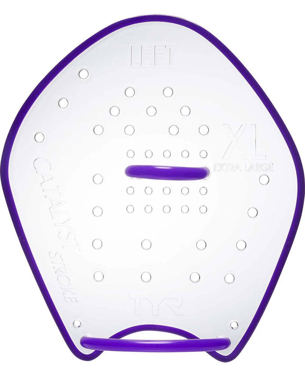 Clear TYR Catalyst Stroke Training Paddle for swimming, shown in a close-up image highlighting its ergonomic design and lightweight material.