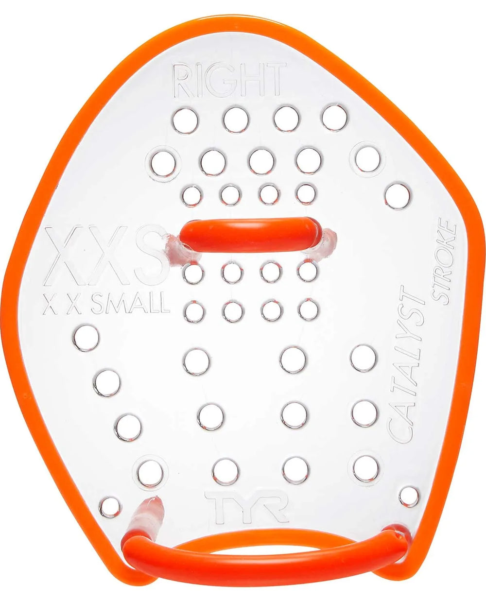 Clear TYR Catalyst Stroke Training Paddle for swim training, featuring ergonomic design and adjustable straps for optimal performance.