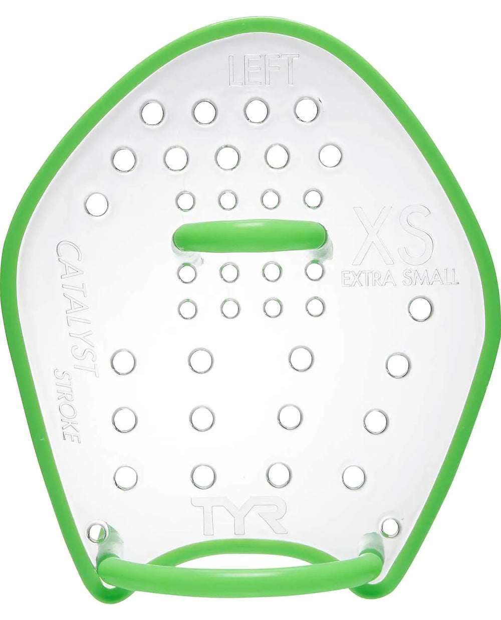 Clear TYR Catalyst Stroke Training Paddle for swimming, showing ergonomic design and adjustable strap, ideal for swim training.