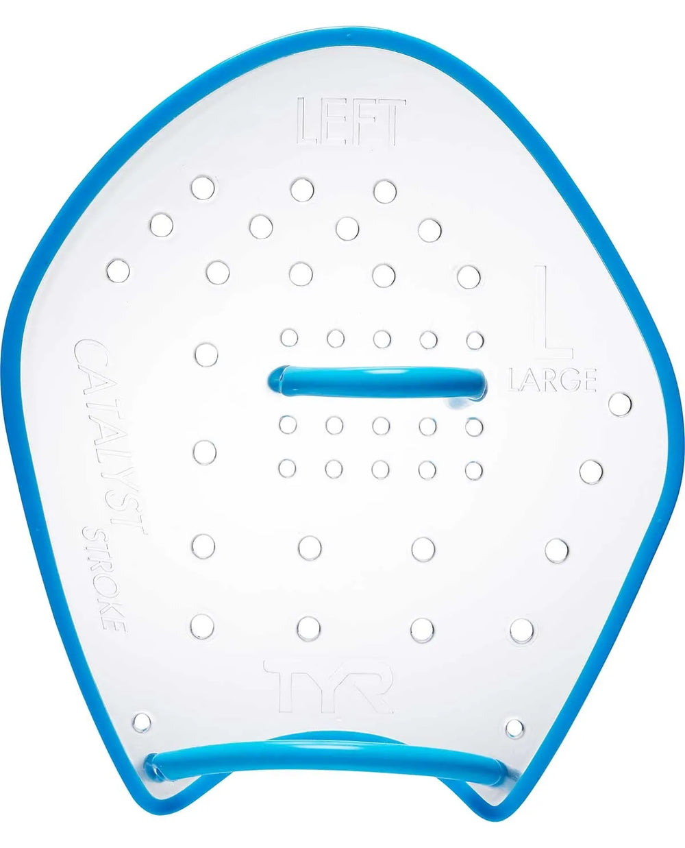 Clear TYR Catalyst Stroke Training Paddle for swim training, showing the transparent design and ergonomic shape.