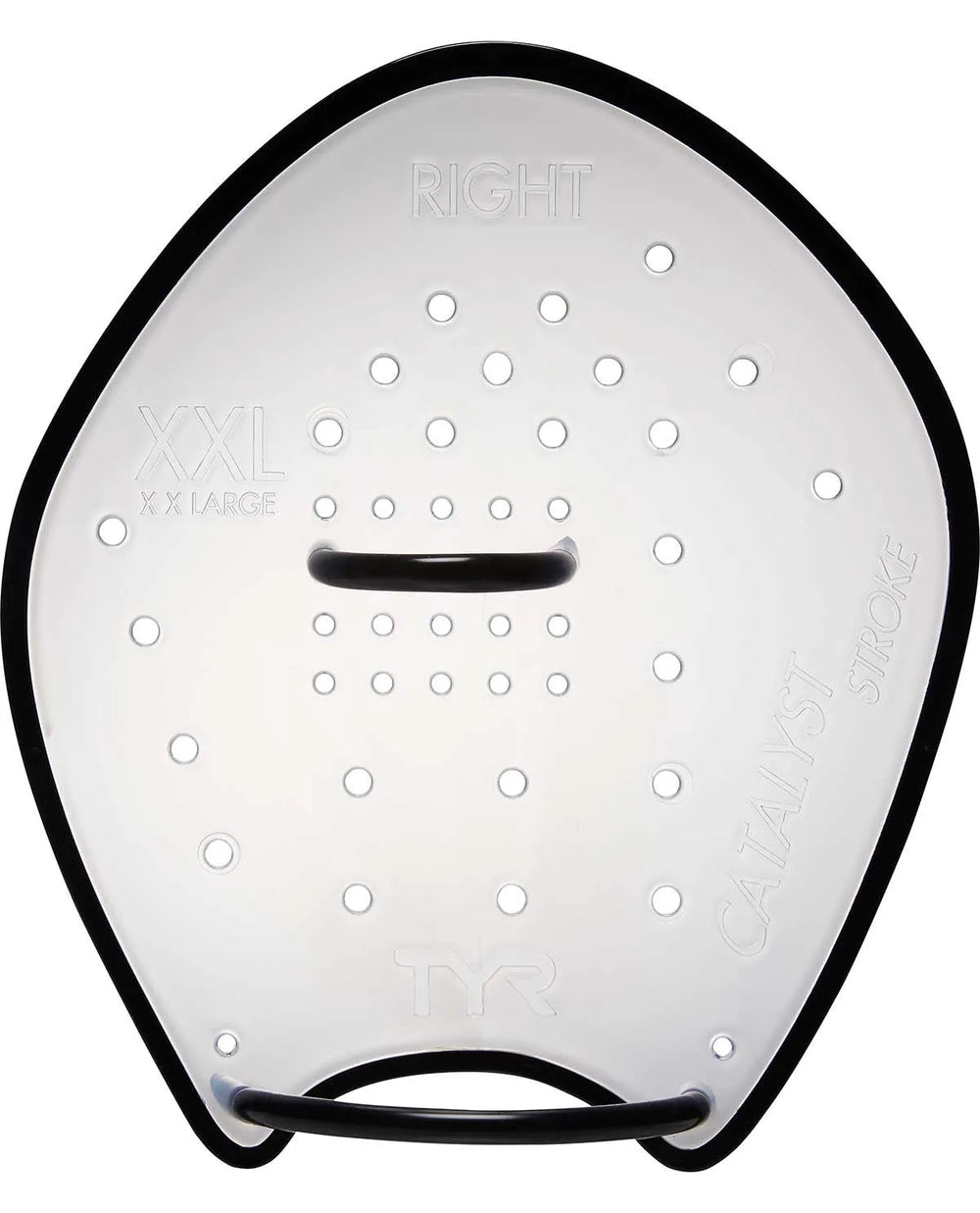 Clear TYR Catalyst Stroke Training Paddle for swim training, shown with ergonomic design and adjustable straps on the water.