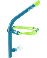 Blue TYR Ultralite Snorkel Elite for comfortable snorkeling, featuring lightweight design and adjustable mouthpiece.