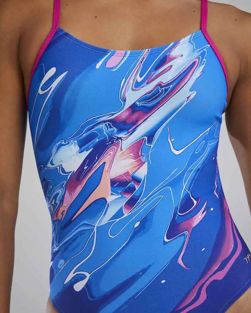 TYR women's abstract cutout swimsuit in royal and multi colors, featuring a stylish design and cutout details, perfect for swimming.