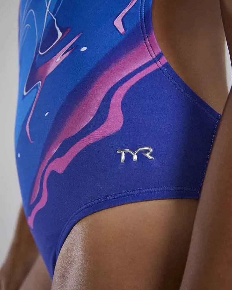 TYR women's abstract cutout swimsuit in royal and multi colors, featuring stylish design and cutout details for active swimming.