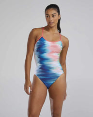 TYR Women's Bravura Trinityfit Swimsuit in white and multi, featuring a sleek design and supportive fit for active swimming.