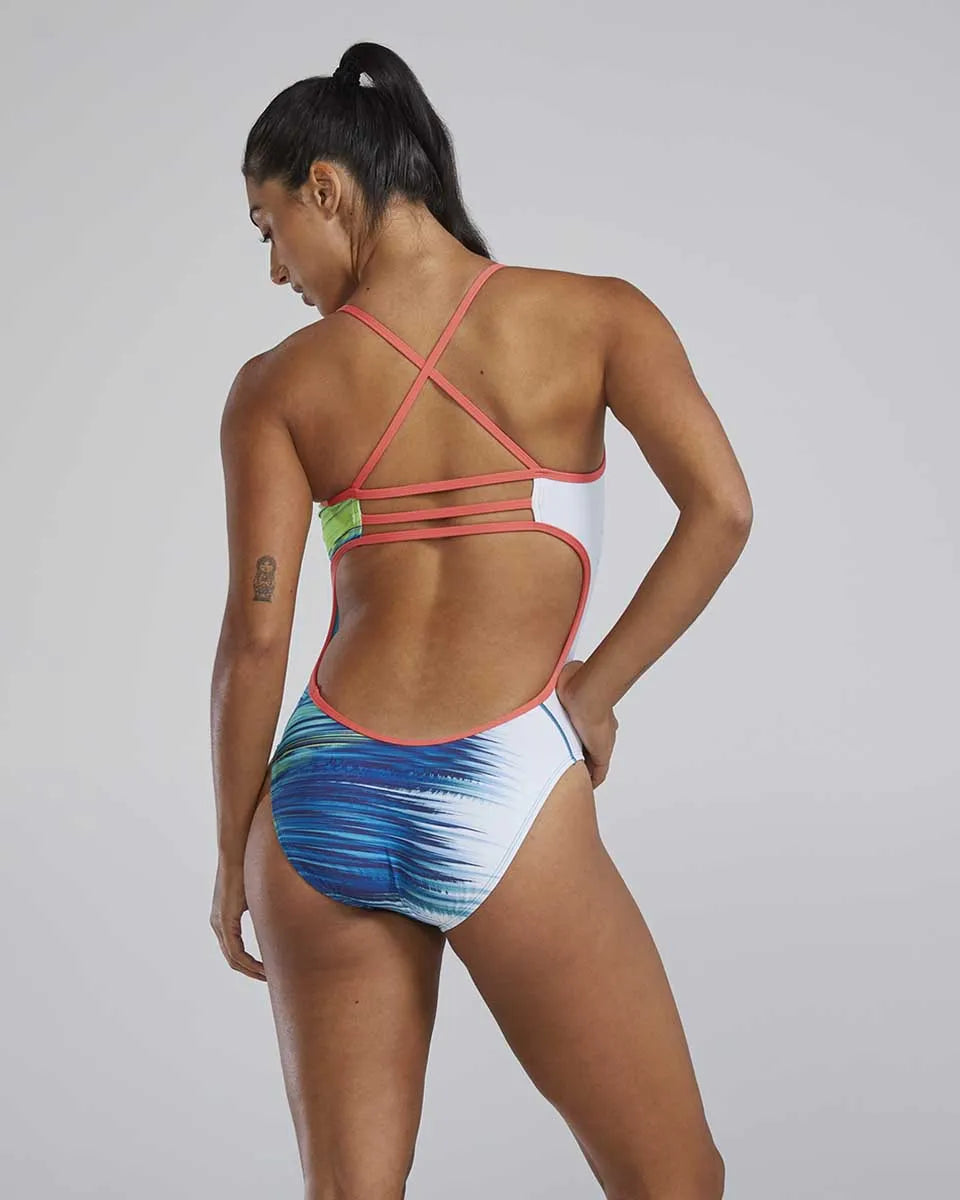 TYR Women's Bravura Trinityfit Swimsuit in white and multi-color, sleek design, ideal for competitive swimming and training.