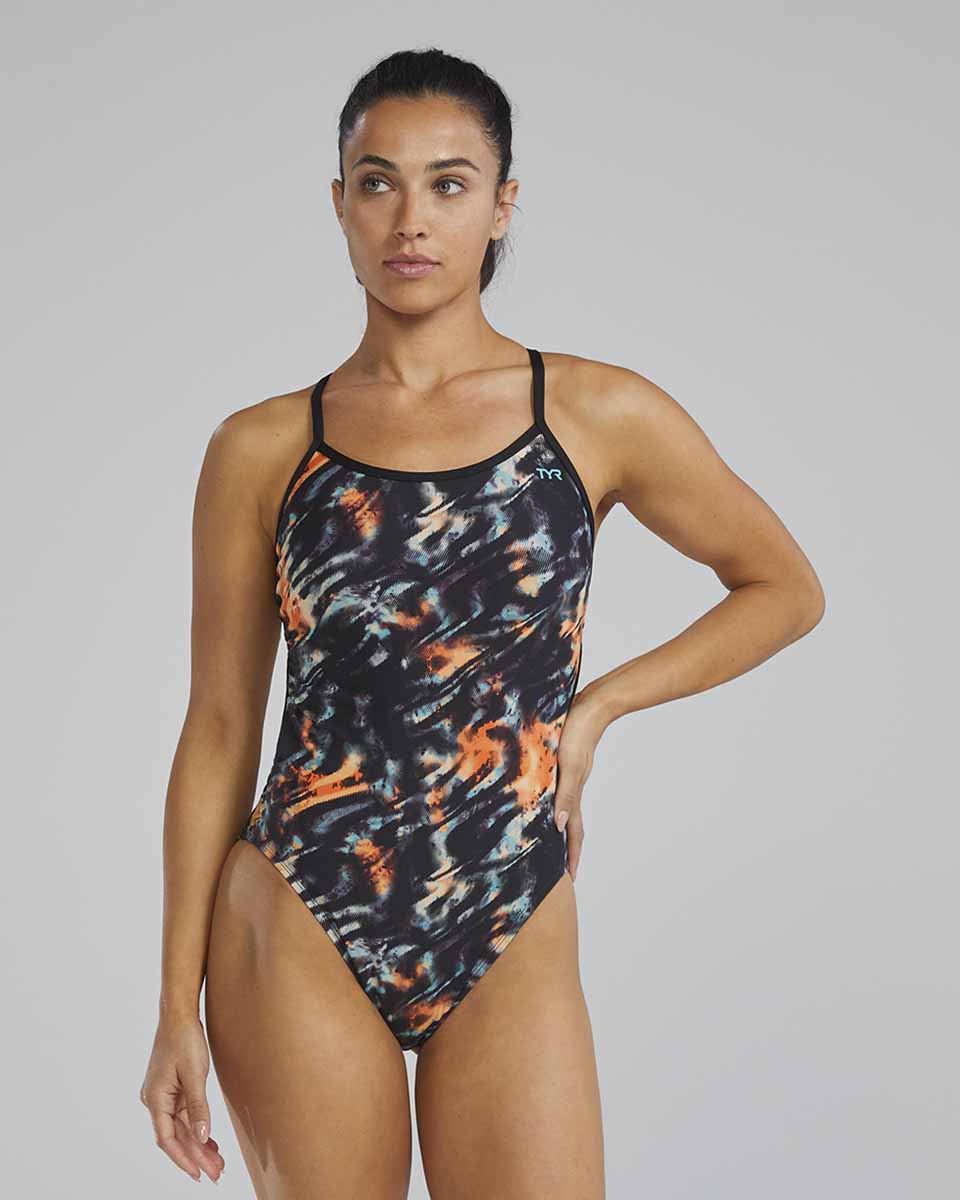 TYR Womens Validus Crosscutfit Tieback Swimsuit - Orange/Aqua/Black | Allens Of Kingsbury