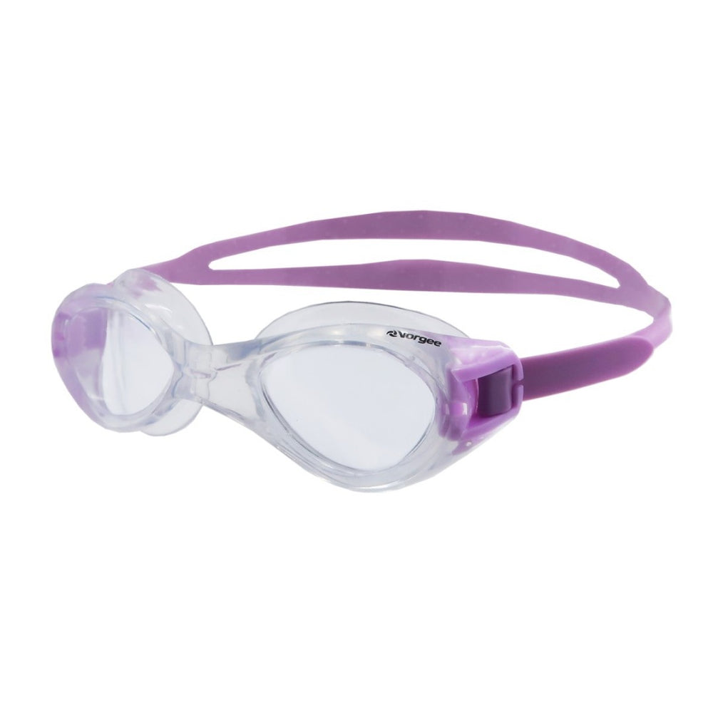 Vorgee Exceed Clear Lens Goggle in clear and light purple, designed for swimming with adjustable straps and a comfortable fit.