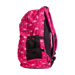 Pink Way Funky Flaming Go Gos Elite Squad backpack with vibrant flaming design and adjustable straps.