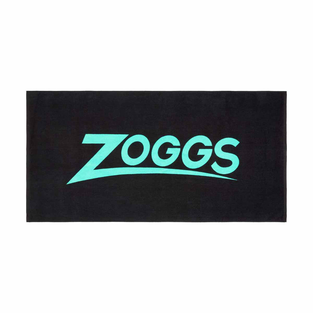 Black and turquoise Zoggs swimming pool towel displayed folded with the Zoggs logo visible on the fabric.