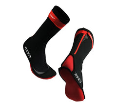Zone3 neoprene swim socks in black and red, designed for water sports, with snug fit and durable material for swimming comfort.