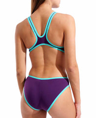 Arena women's one-piece swimsuit in plum and water colors with large logo, designed for swimming and active water sports.