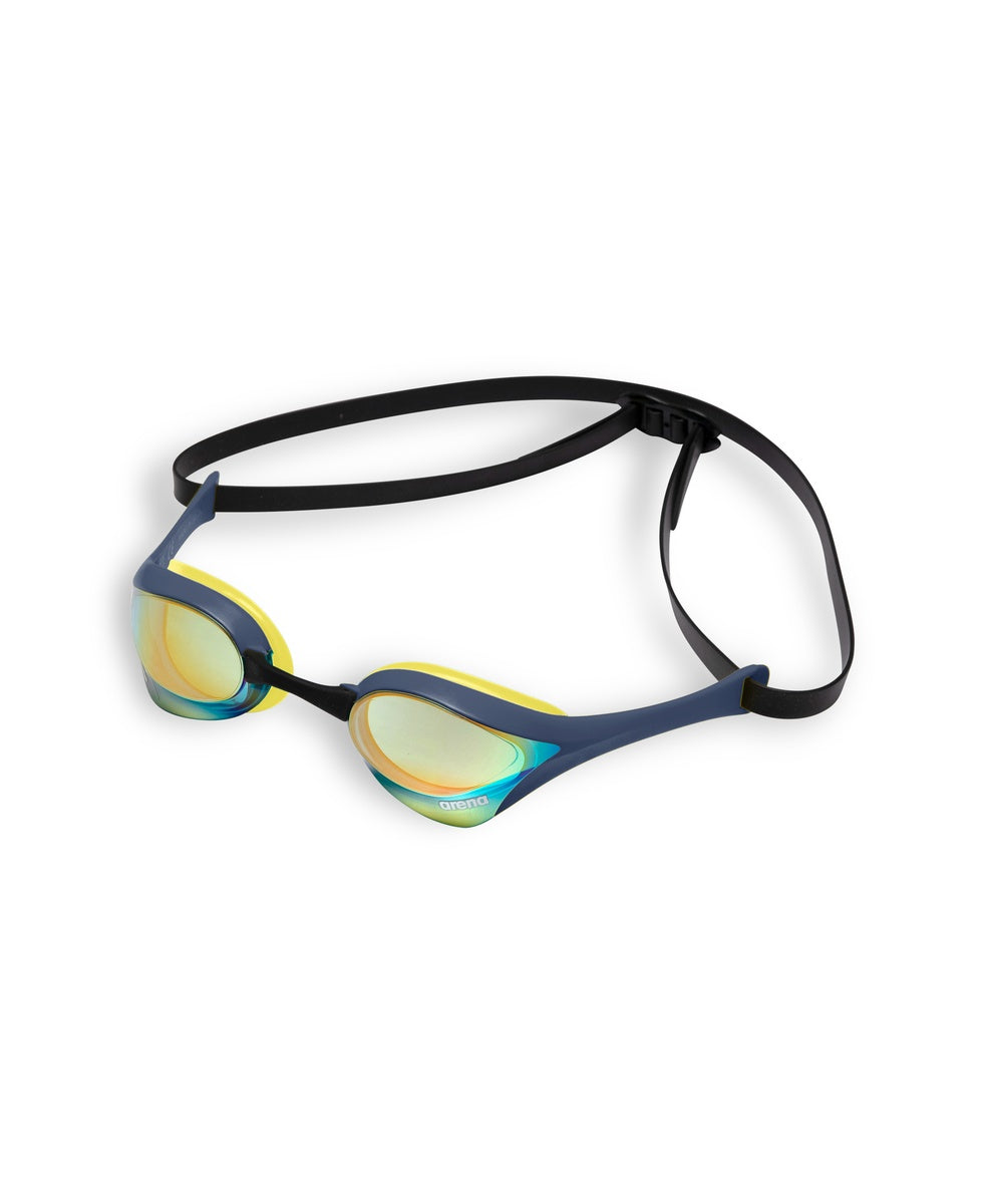 Arena Cobra Ultra Swipe Mirror Goggle in aqua and shark colors with mirrored lenses, designed for competitive swimming.