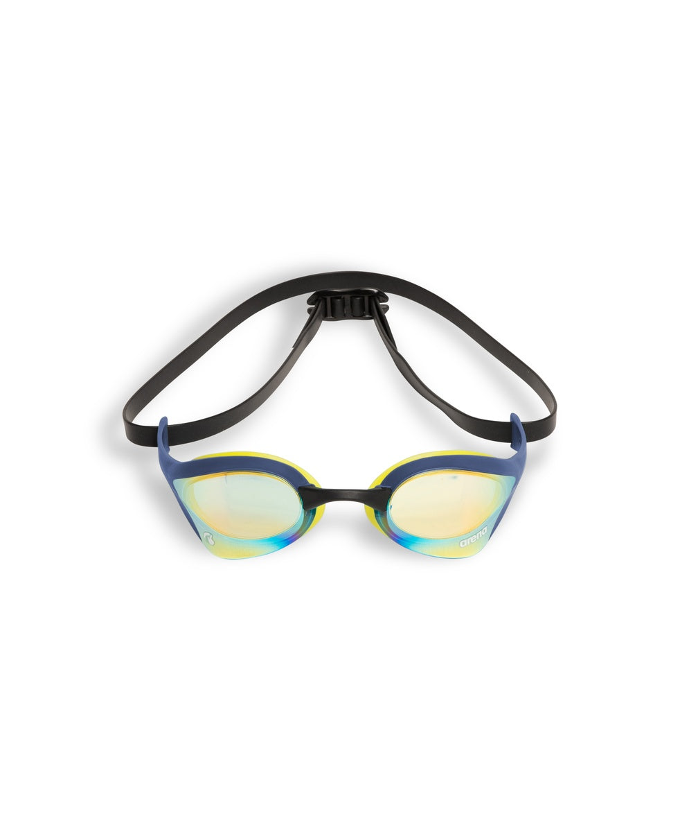 Arena Cobra Ultra Swipe Mirror Goggle in aqua with shark design, featuring a mirrored lens and adjustable strap for competitive swimming.