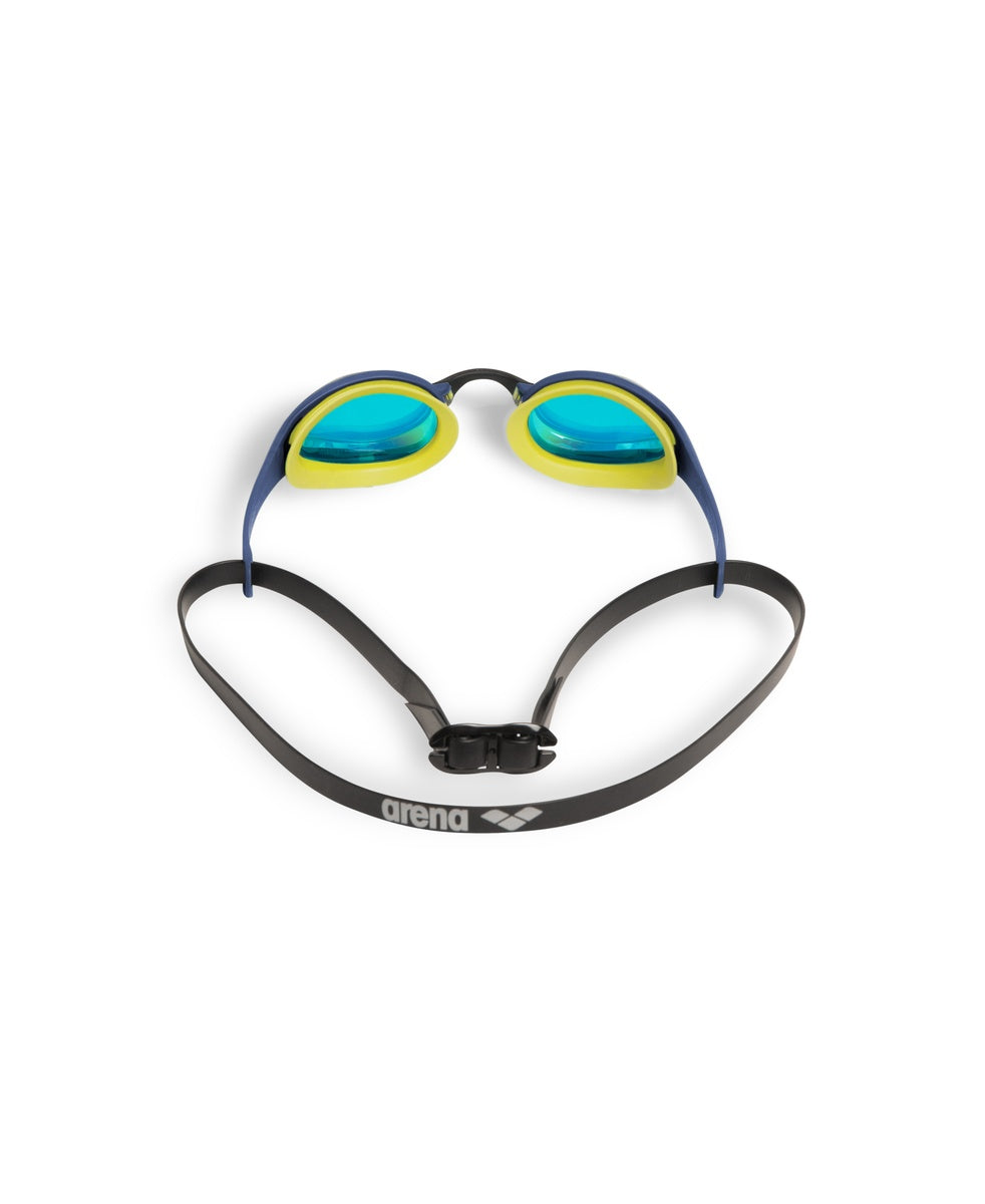 Arena Cobra Ultra Swipe Mirror goggles in aqua and shark colors with mirrored lenses for swimming comfort and clarity.
