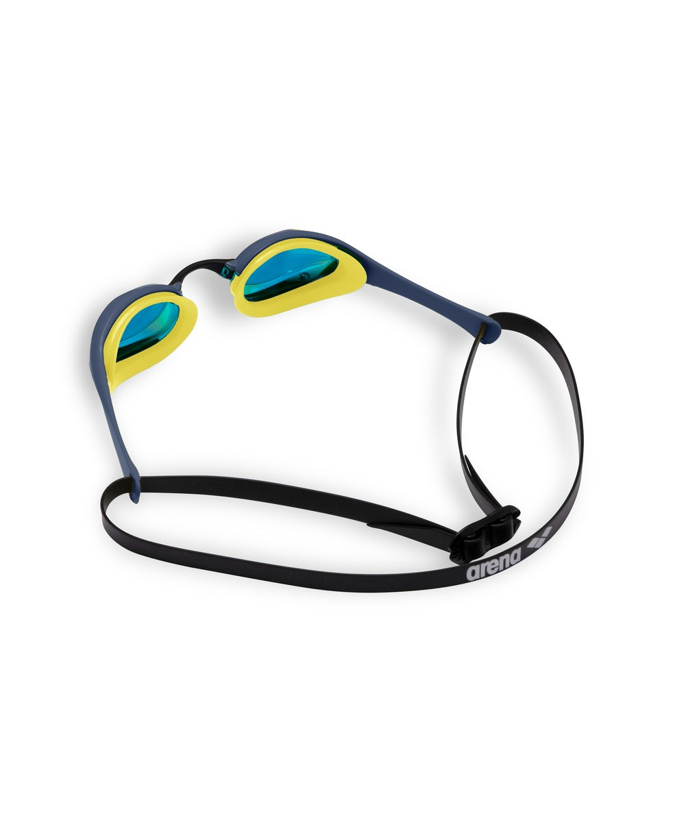 Arena Cobra Ultra Swipe Mirror Goggle in aqua and shark colors, with reflective mirror lenses and adjustable strap for swimming.