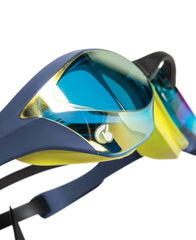 Arena Cobra Ultra Swipe Mirror Goggle in aqua with shark design, featuring a sleek swimming goggle with mirrored lenses.