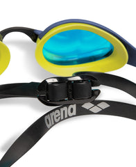Arena Cobra Ultra Swipe Mirror Goggle in Aqua and Shark with mirrored lenses, adjustable strap, and hydrodynamic design for competitive swimming.