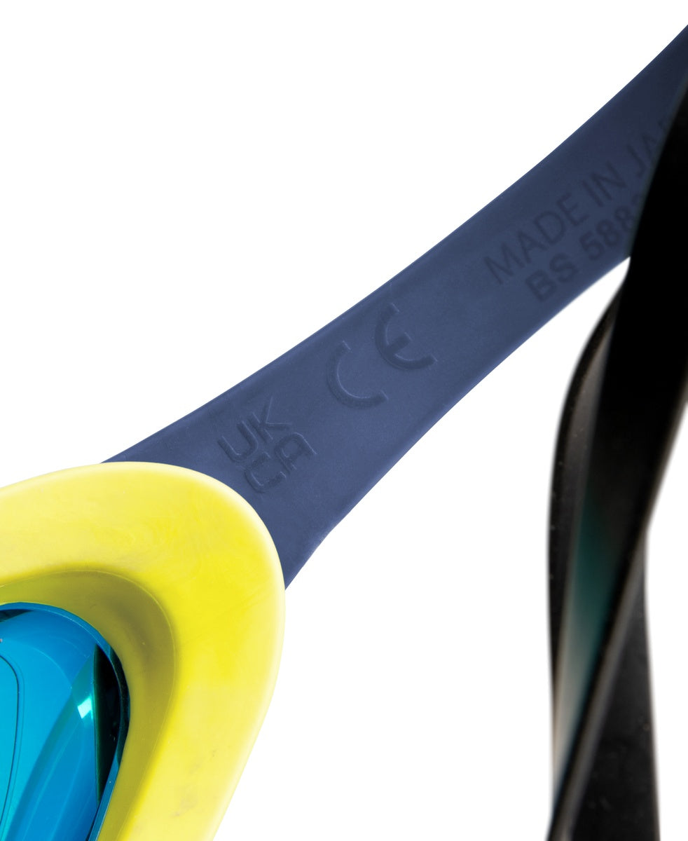 Arena Cobra Ultra Swipe Mirror Goggle in aqua with shark design, featuring a sleek swim goggle with mirrored lenses for competitive swimming.