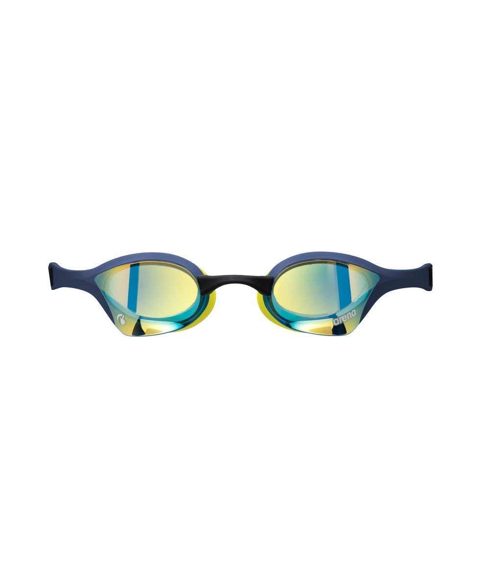 Arena Cobra Ultra Swipe Mirror Goggle in aqua with shark design, featuring a sleek swim goggle with mirrored lenses.