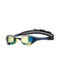 Arena Cobra Ultra Swipe Mirror Goggle in Aqua and Shark design, featuring a sleek swimming goggle with mirror lenses.