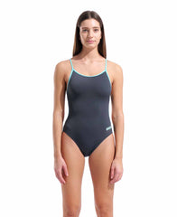 Arena women's lace back solid swimsuit in asphalt and water colors, featuring a stylish lace-back design for swimming and active wear.
