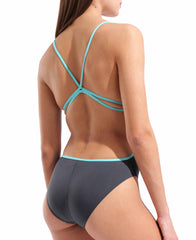 Arena women's lace back solid swimsuit in asphalt and water colors, featuring a stylish lace back design.