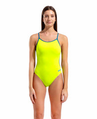 Arena women's lace back solid swimsuit in Arctic Lime and Blue Cosmo, featuring a stylish design and comfortable fit.