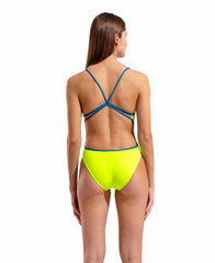 Arena women's lace-back solid swimsuit in Arctic Lime and Blue Cosmo, featuring a sleek design and comfortable fit.