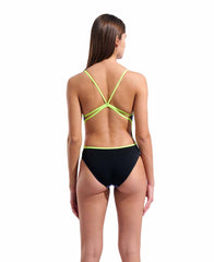 Arena women's lace back solid swimsuit in black with Arctic Lime accents, featuring a stylish lace-back design for active swimming.
