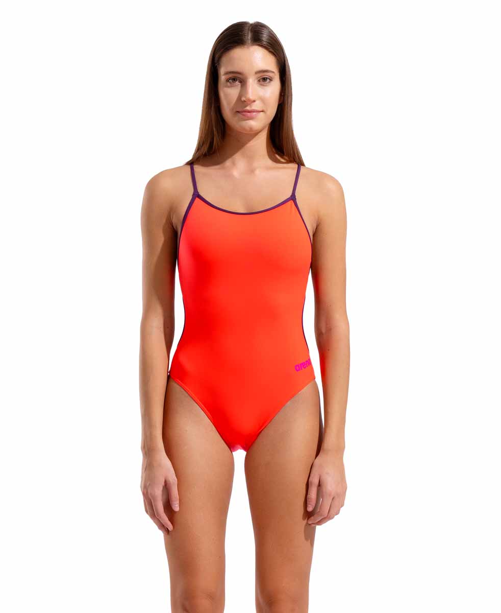 Arena women's lace back solid swimsuit in bright coral and plum with stylish design and supportive fit.