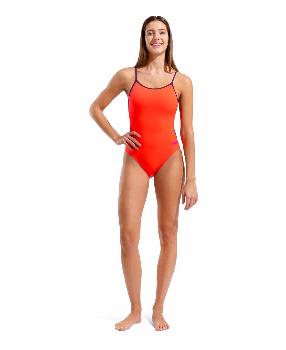 Arena women's bright coral and plum lace back solid swimsuit, stylish and comfortable for swimming and water activities.